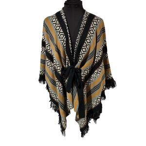 Rock Roll Denim Fringed Western Style Tie Back Shawl - Knitted Shawl - Medium